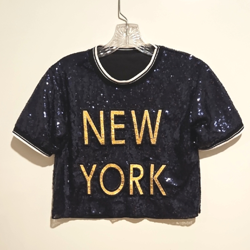 Black sequin crop top NEW YORK in gold lettering across the front Small Lined